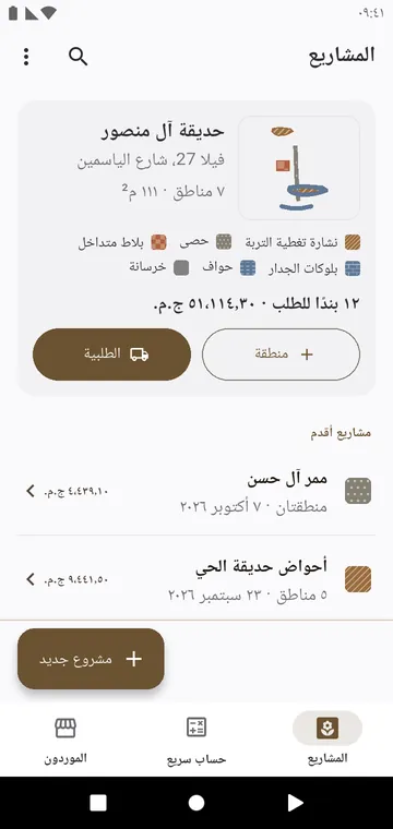 المشاريع: كل عمل بمناطقه وموادّه وإجمالي ما يُطلب