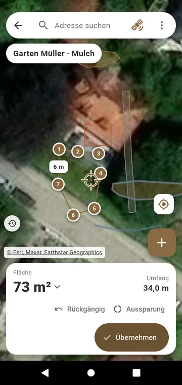 Ein Mulchbeet, auf der Satellitenansicht gezeichnet, mit seiner Fläche