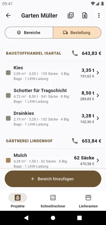 Die Bestellung: jedes Material nach Lieferant, in Säcken und Tonnen, mit Preisen