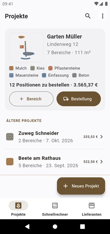 Projekte: jeder Auftrag mit seinen Bereichen, Materialien und der Summe der Bestellung