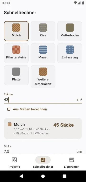 Schnellrechner: ein Material, eine Fläche, sofort die Säcke