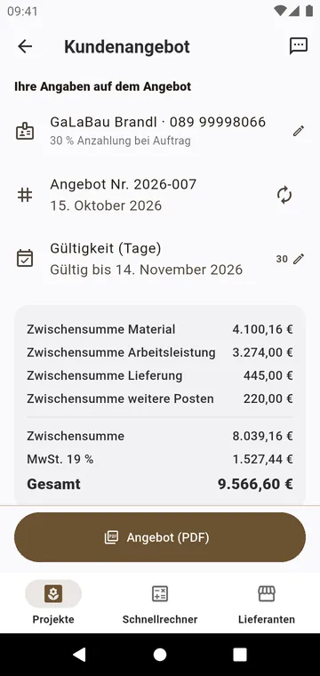 Das Kundenangebot: Material, Arbeitsleistung, Lieferung und Steuer