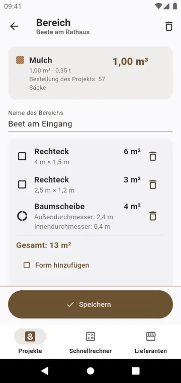 Ein Bereich als Formen eingegeben: Rechtecke und eine Baumscheibe