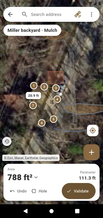 A mulch bed drawn on the satellite view, with its area