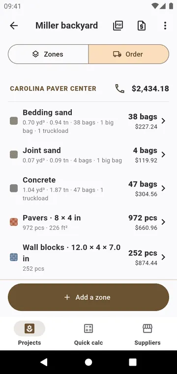 The order: each material by supplier, in bags and tons, priced