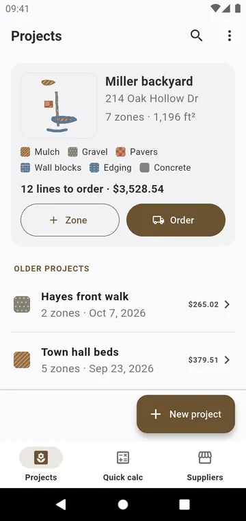Projects: each job with its zones, materials and total to order