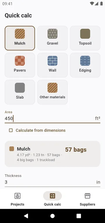 Quick calc: one material, one area, the bags at once