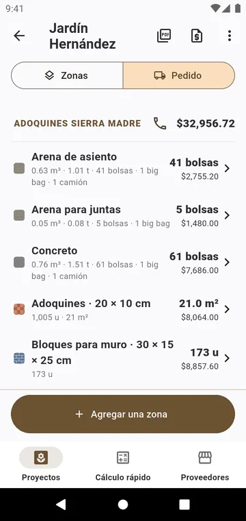 El pedido: cada material por proveedor, en bolsas y toneladas, con precios