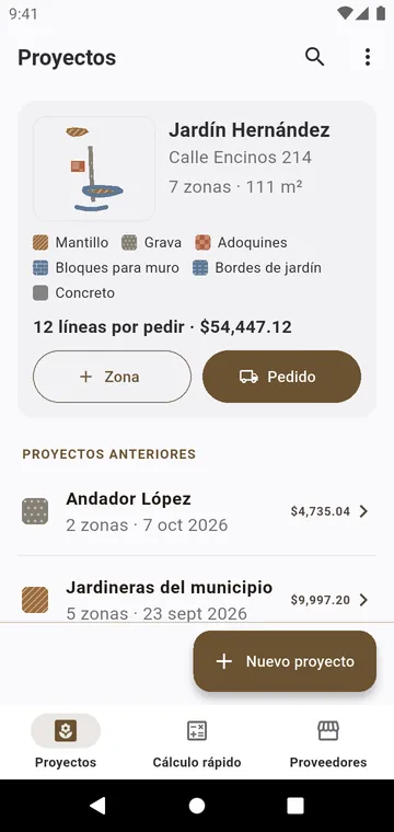 Proyectos: cada proyecto con sus zonas, sus materiales y el total por pedir