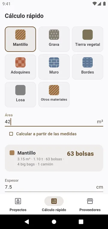 Cálculo rápido: un material, un área, las bolsas al instante