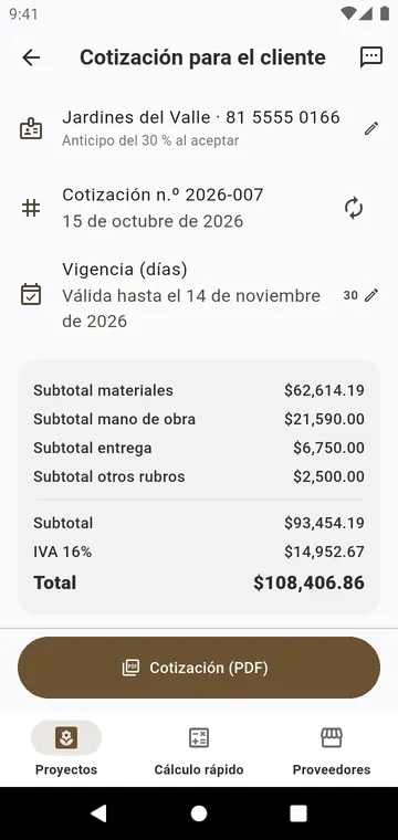 La cotización para el cliente: materiales, mano de obra, entrega e impuestos