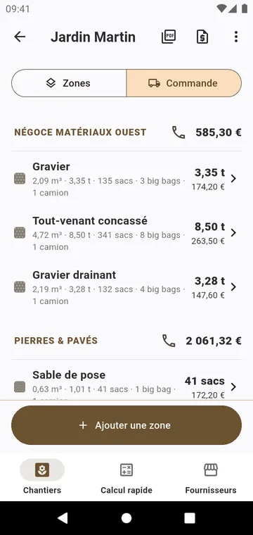 La commande : chaque matière par fournisseur, en sacs et en tonnes, chiffrée