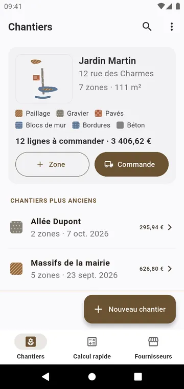 Chantiers : chaque chantier avec ses zones, ses matières et le total à commander