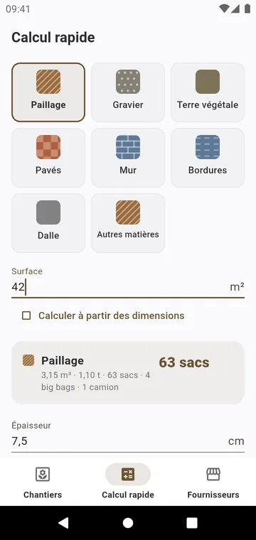 Calcul rapide : une matière, une surface, les sacs aussitôt