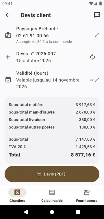 Le devis client : matières, main-d'œuvre, livraison et taxe