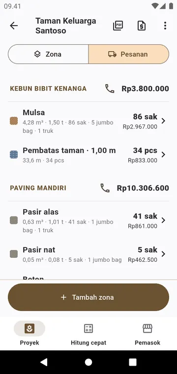 Pesanan: setiap bahan per pemasok, dalam sak dan ton, lengkap dengan harga