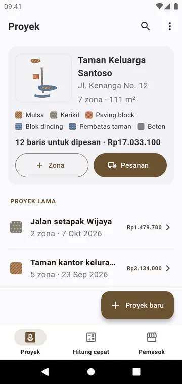 Proyek: setiap pekerjaan dengan zona, bahan dan total yang perlu dipesan