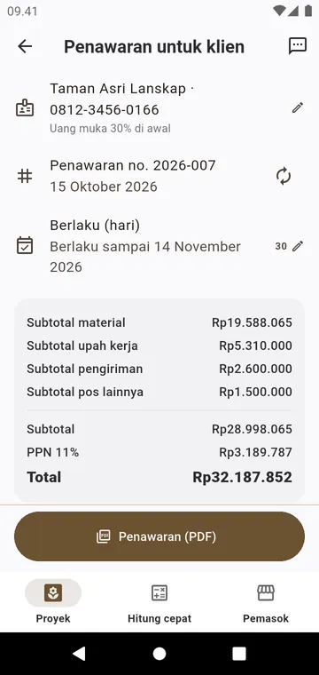 Penawaran untuk klien: material, upah kerja, pengiriman dan pajak