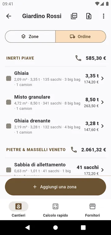 L'ordine: ogni materiale per fornitore, in sacchi e tonnellate, con i prezzi