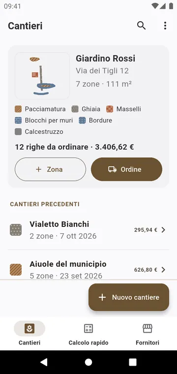 Cantieri: ogni cantiere con le sue zone, i materiali e il totale da ordinare