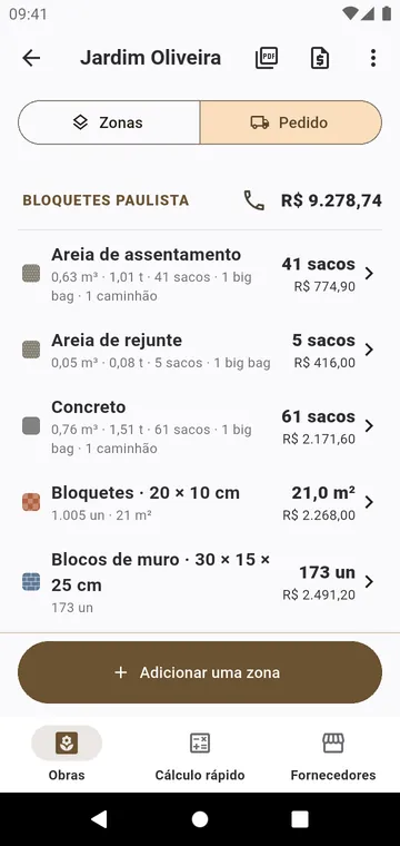 O pedido: cada material por fornecedor, em sacos e toneladas, com preços