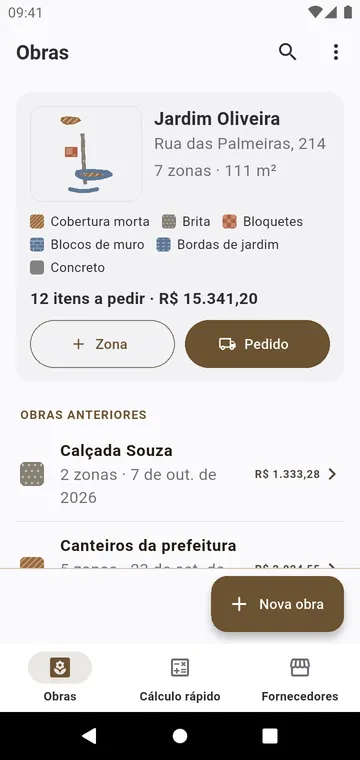 Obras: cada obra com suas zonas, seus materiais e o total a pedir