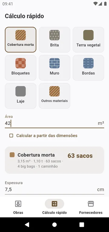 Cálculo rápido: um material, uma área, os sacos na hora