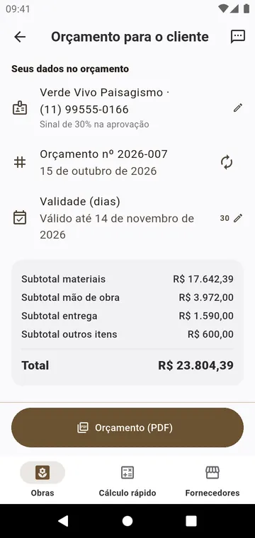 O orçamento para o cliente: materiais, mão de obra, entrega e imposto