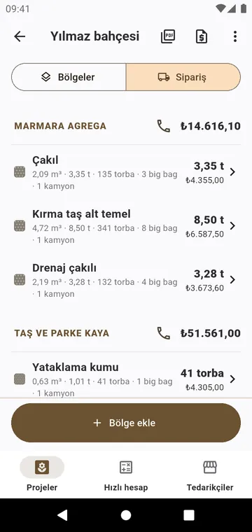 Sipariş: tedarikçiye göre her malzeme, torba ve ton olarak, fiyatlı