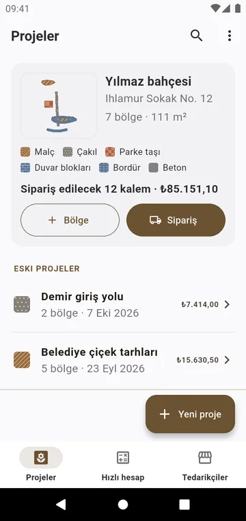 Projeler: her iş bölgeleri, malzemeleri ve sipariş toplamıyla