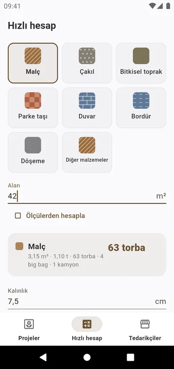 Hızlı hesap: tek malzeme, tek alan, torbalar anında