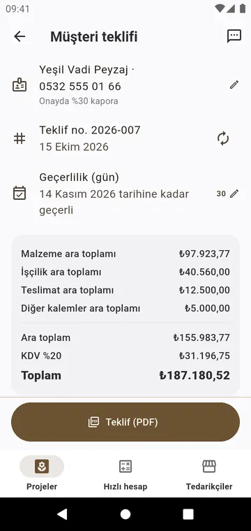 Müşteri teklifi: malzemeler, işçilik, teslimat ve vergi